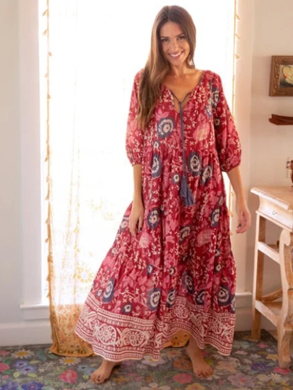 Natural Life Auguste Boho Floral Midi Dress XS Red Pink Tiered Cotton